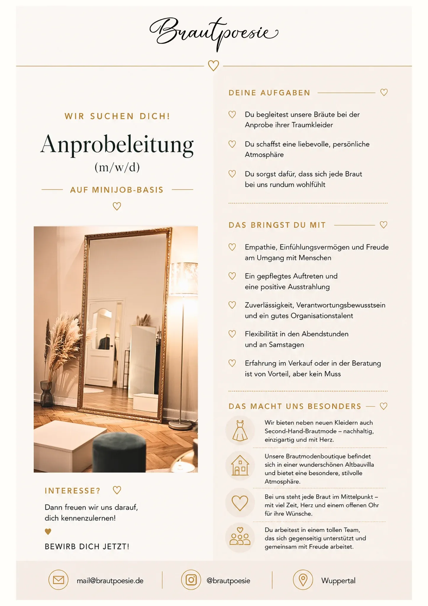 Stellenanzeige: Anprobeleitung auf Minijob-Basis bei Brautpoesie, besonders abends und samstags. Die Aufgaben und Anforderungen stehen auf dieser Seite als Text.